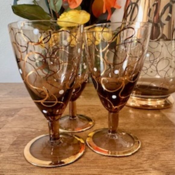 Bohemia Crystal Decanter Set Czechoslovakia – Vintage Amber Glass with Gold Trim - Picture 2 of 9